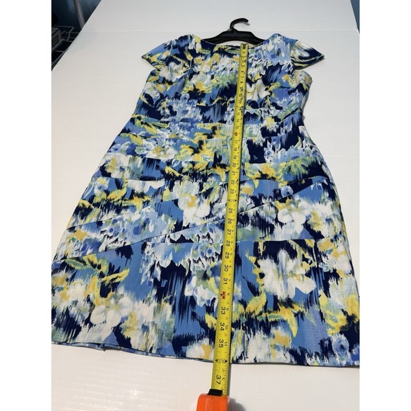 AGB Blue Yellow Floral Sheath Dress Cap Sleeve Midi Stretch Twill Size 14 - Picture 3 of 11